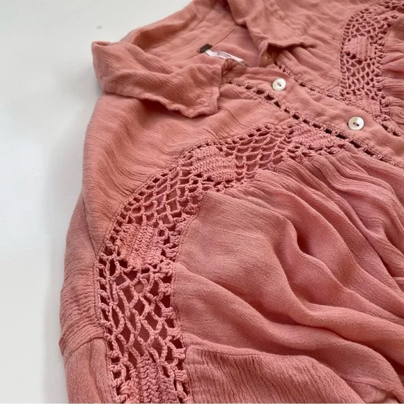 Free People Pink Orange Coral Katie Bird Long Sleeve Button Down Size Large - Picture 6 of 10